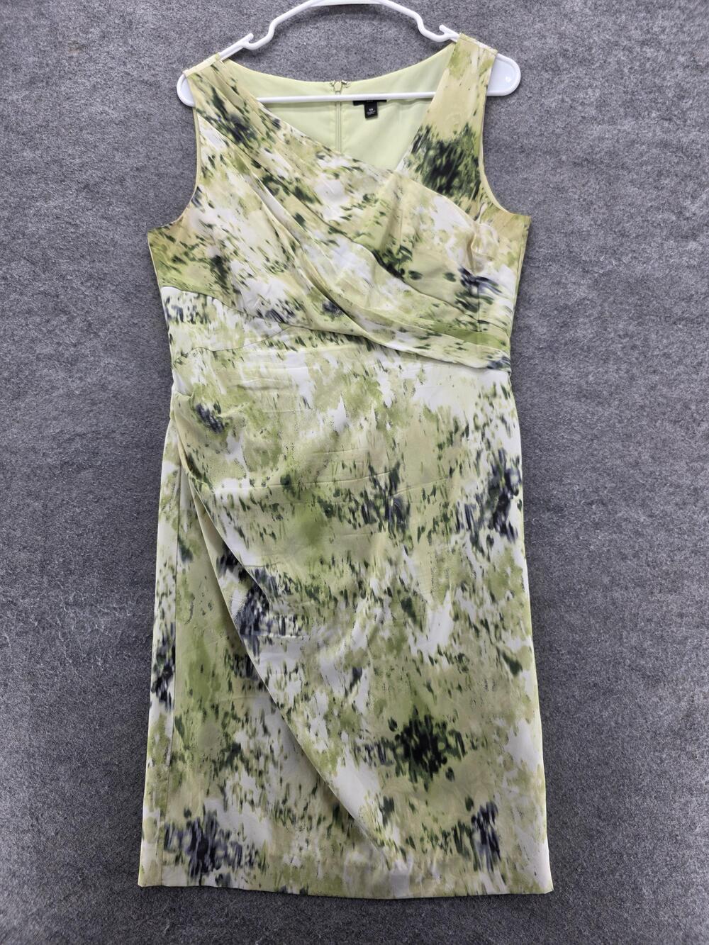 Ann Taylor Dress Womens 10 Green White Silk Stretch Sleeveless Sheath Ruched